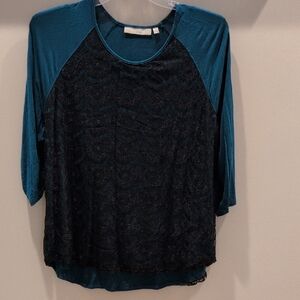 Sejour Teal and Black Lace Raglan Long Sleeve Top